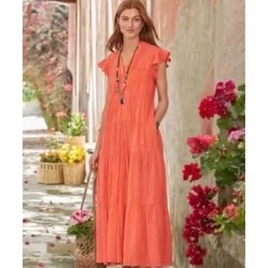 Sundance June Ruffle Tiered Maxi Dress M Peachy Pink Boho Flutter Sleeve Flowy